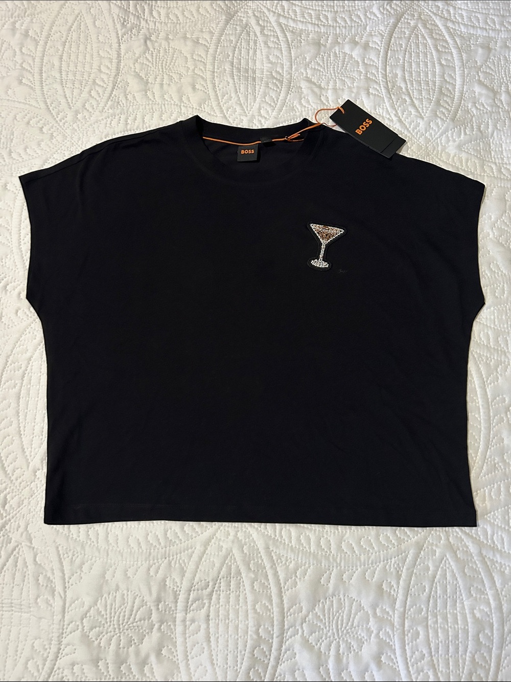 HUGO BOSS Black Crop Tee w/ Embellished Cocktail Motif Sz: Small